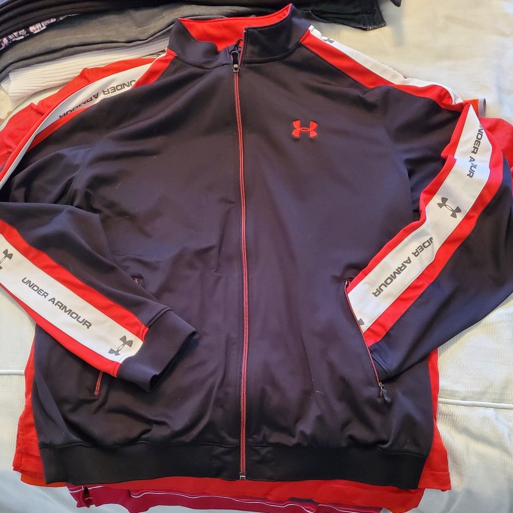 Under Armour zip up long sleeve jacket black, red and white Ohio State colors